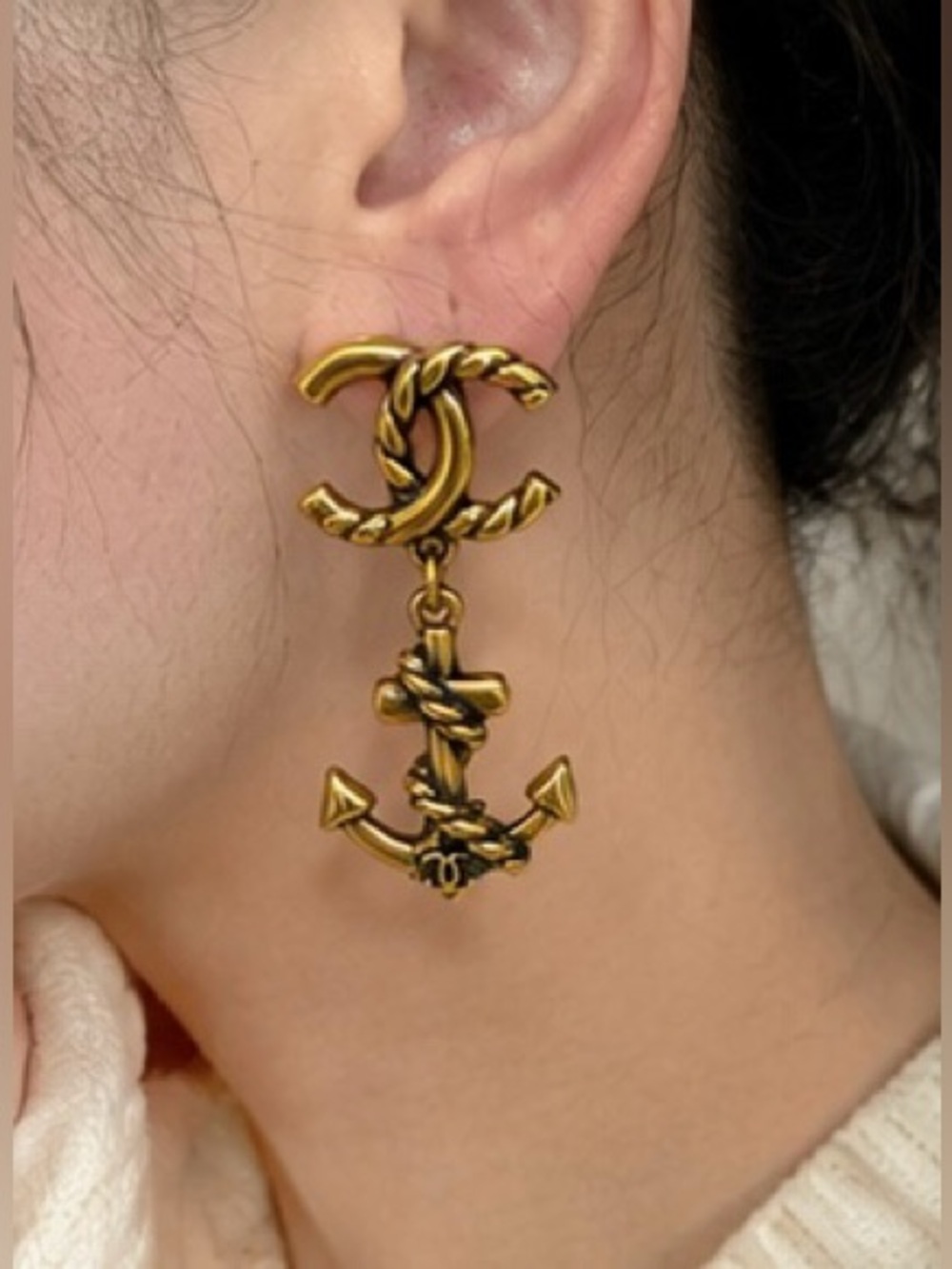 Vintage Inspired Gold Tone Nautical Mismatched Anchor & Heart Drop Earrings - Picture 3 of 10